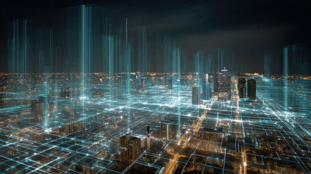A breathtaking futuristic cityscape showcasing a digital grid overlay illuminated by light trails at night, presenting a modern urban environment filled with endless possibilities.の素材