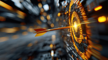 A vibrant and dynamic image showcasing an arrow striking the center of a digital target. This composition highlights precision, focus, and the energy of achievement in a futuristic setting.の素材