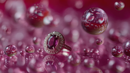This captivating image features a luxurious gemstone ring set against a vibrant pink backdrop, surrounded by shimmering bubbles. The artistic composition highlights the ring's exquisite details and the interplay of light.の素材