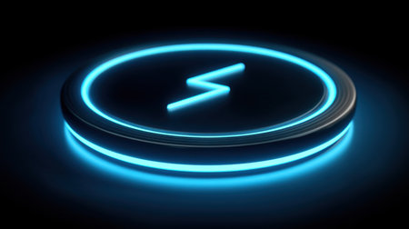 This neon blue icon features a lightning bolt symbol set against a dark backdrop, perfect for modern digital projects, websites, and creative designs.の素材