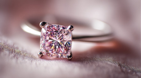 An exquisite pink diamond engagement ring, beautifully showcased on soft satin fabric, highlights the brilliance and elegance of fine jewelry, perfect for capturing romantic moments.の素材