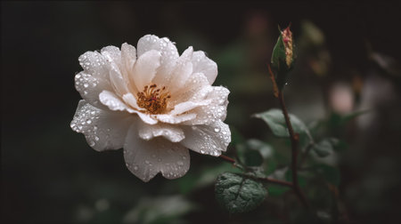 A stunning white rose adorned with glistening dew drops, symbolizing purity and freshness, set against a moody background in nature.の素材