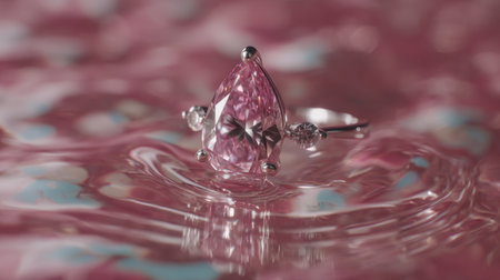 This image showcases an elegant pink teardrop ring set against a shimmering water surface, perfect for highlighting exquisite jewelry design.の素材