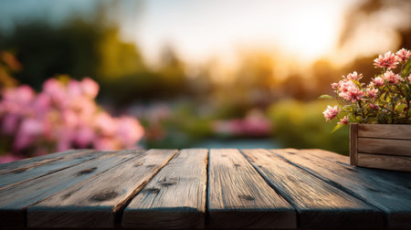 A serene wooden table overlooks a blooming garden at sunset, featuring vibrant flowers in pots. The soft bokeh creates a tranquil atmosphere, ideal for featuring nature's beauty.の素材