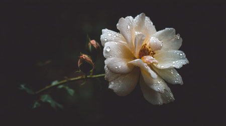 A stunning close-up of a delicate white flower adorned with tiny water droplets, set against a dark background, highlighting its beauty.の素材
