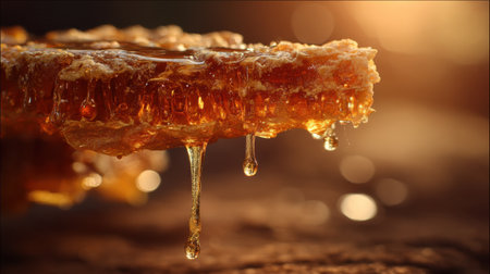 Capture the beauty of honey dripping from a raw honeycomb with warm sunlight illuminating its rich golden hue, evoking natural sweetness.の素材