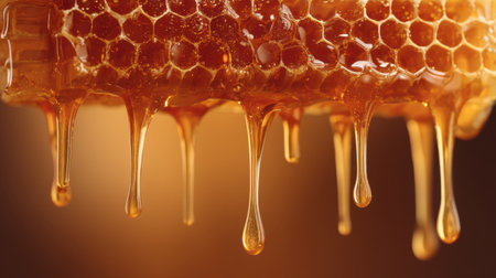 This stunning close-up image showcases a golden honeycomb dripping with fresh honey, highlighting rich texture and warmth, perfect for food-related themes.の素材