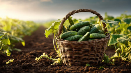 A woven basket filled with fresh cucumbers rests on rich soil, surrounded by vibrant green plants under a serene sky, ideal for agricultural themes.の素材