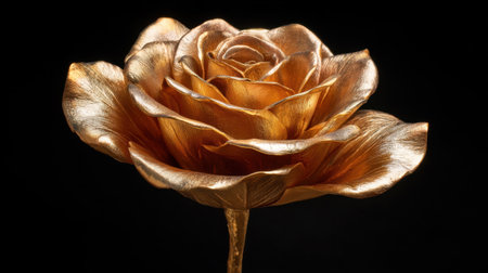 This striking golden rose sculpture features intricate details of petals and leaves, exuding elegance and beauty, perfect for various decor styles.の素材
