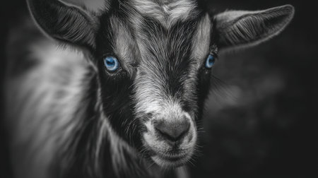 A stunning black and white photograph showcasing a goat with captivating blue eyes, highlighting the intricate details of its face and fur.の素材