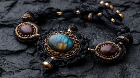 This exquisite black necklace combines vibrant gemstones with intricate textile design, embodying elegance and handmade artistry for fashion lovers.の素材