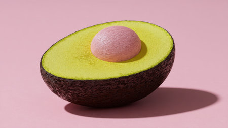 This vibrant image features a perfectly cut avocado half with a seed nestled inside, highlighted against a soft pink background. Ideal for promoting healthy eating and vibrant meals.の素材