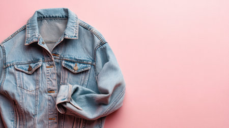 This image features a stylish denim jacket laid flat on a soft pink background, ideal for showcasing modern apparel and lifestyle themes.の素材