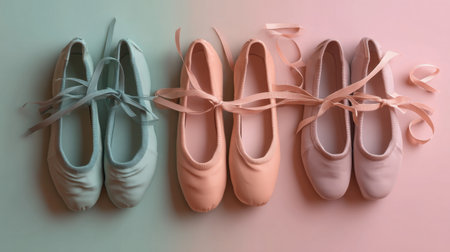 Delicate ballet shoes in soft pastel colors are displayed elegantly with ribbons. Perfect for projects focusing on dance, fashion, or creativity.の素材