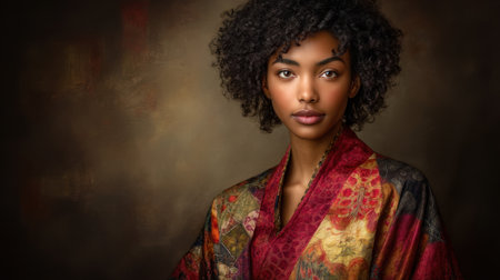 This captivating portrait features a young woman adorned in a vibrant kimono, showcasing curly hair and a serene expression, set against a rich, dark background.の素材