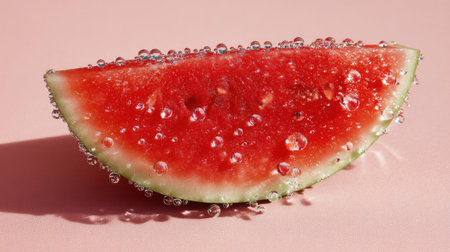 A visually appealing slice of watermelon displayed on a pink background, adorned with glistening water droplets, representing freshness and summer.の素材