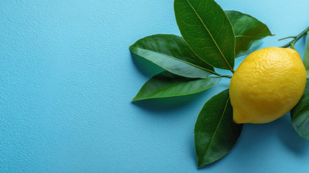 A vibrant yellow lemon with glossy green leaves rests beautifully on a soft blue background, creating a fresh and inviting composition ideal for food-related projects.の素材