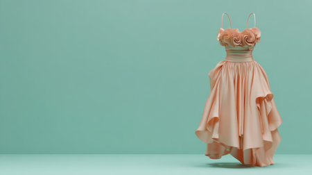 A stunning peach colored dress featuring floral accents, perfectly displayed against a mint green backdrop, ideal for showcasing fashion and elegance.の素材