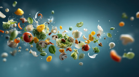 A visually striking image of vibrant vegetables and fruits floating against a blue backdrop, emphasizing healthy eating and fresh ingredients.の素材
