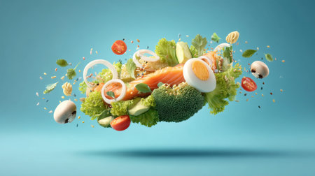 A dynamic arrangement of fresh ingredients including salmon, eggs, and various vegetables set against a vibrant blue background, showcasing healthy eating.の素材