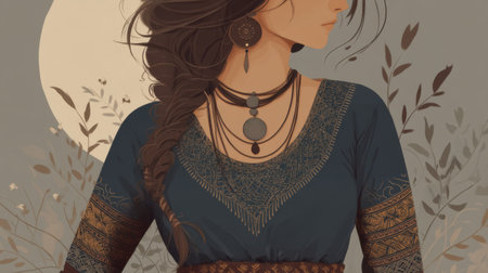 Beautifully illustrated woman in traditional attire showcases intricate jewelry and floral elements, embodying elegance and charm.の素材