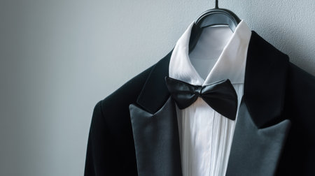 A sophisticated tuxedo with a classic bow tie is elegantly displayed on a hanger against a muted gray wall, ideal for inspiring formal event looks.の素材