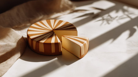 This image features a stylish wooden cheese board with a geometric design, capturing a slice against a marble backdrop, infused with soft natural light.の素材