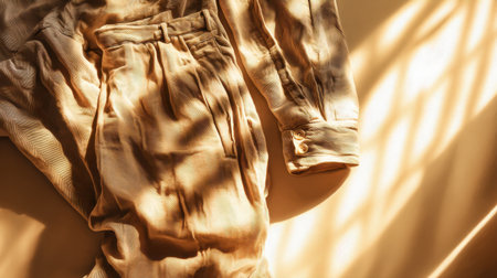 A fashionable beige outfit is elegantly arranged on soft fabric, illuminated by warm sunlight. The gentle shadows create an artistic and minimalist vibe.の素材
