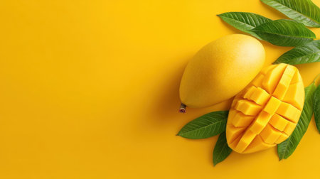 A vibrant composition featuring a whole yellow mango alongside a sliced mango, both placed on a bright yellow background with green leaves, embodying freshness and tropical appeal.の素材