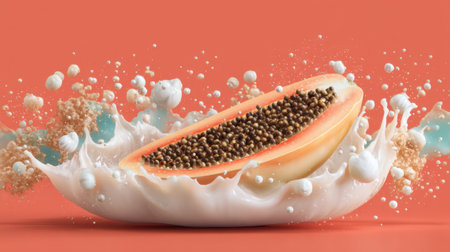 A striking image of a fresh papaya slice with its seeds, dramatically surrounded by a creamy splash against a vibrant background, creating a visually appealing food art composition.の素材