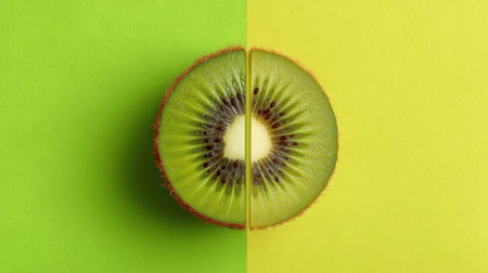A beautifully arranged half of a kiwi on a lively green background, showcasing the vibrant colors and unique textures of this juicy fruit, ideal for health-related visuals.の素材