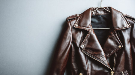 A stylish brown leather jacket is hanging elegantly against a gray wall, showcasing modern fashion and design elements perfect for apparel photography.の素材