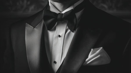 This striking black and white image captures the essence of elegance through a man's tailored tuxedo, featuring a classic bow tie and pocket square, perfect for formal settings.の素材