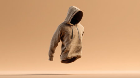 This image captures a stylish brown hoodie in a dynamic floating position, highlighting its texture and modern design against a warm background.の素材