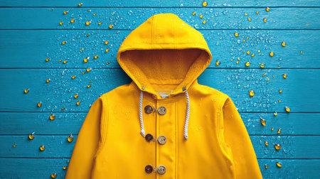 A vibrant yellow raincoat with a hood displayed on a blue wooden surface, accentuated by glistening water drops, perfect for rainy days.の素材