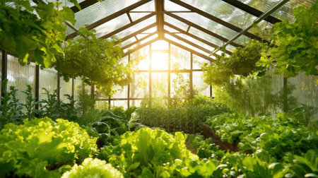 A beautiful greenhouse filled with vibrant leafy greens and vegetables, illuminated by warm sunlight. This tranquil space showcases the beauty of nature and promotes sustainable gardening practices.の素材