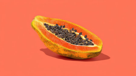 This image showcases a freshly cut half of a papaya, revealing its juicy flesh and tiny black seeds, perfectly set against a coral background, ideal for healthy lifestyle inspiration.の素材