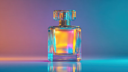 This image showcases an elegant transparent perfume bottle reflecting vibrant colors against a soft gradient background, perfect for beauty and fashion themes.の素材