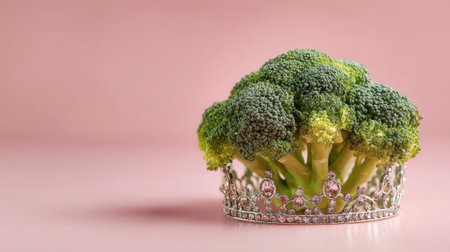An imaginative photo featuring a broccoli crowned with a sparkling tiara, set against a soft pink background, emphasizing elegance and health.の素材