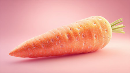 This image features a realistic illustration of a single vibrant orange carrot resting on a smooth pink backdrop. The detailed texture highlights its fresh and natural appearance, perfect for representations of healthy eating, gardening, and culinary uses.の素材