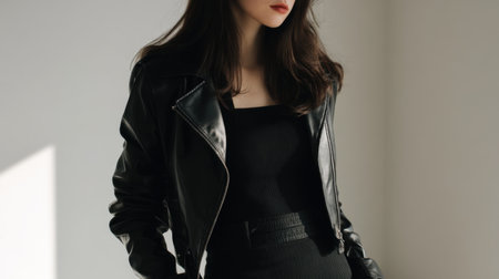 A fashionable young woman exudes confidence in her black leather jacket and sleek dress, styled perfectly against a bright, minimalist background.の素材