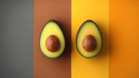 This artistic image features two avocado halves on a vibrant background of brown and yellow stripes, symbolizing freshness and healthy eating.の素材
