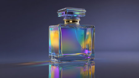 A gorgeous iridescent perfume bottle stands gracefully on a reflective surface, showcasing vibrant colors and mesmerizing reflections. The soft light creates an elegant atmosphere, making it perfect for beauty and luxury themes.の素材
