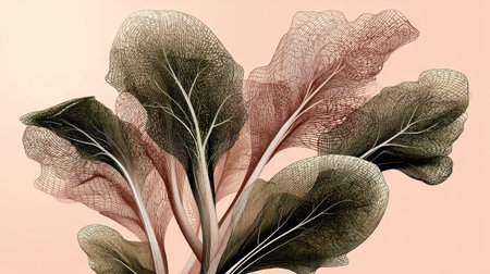 A stunning composition of organic leaves featuring delicate patterns and textures set against a warm, pastel background. Perfect for nature-inspired projects.の素材