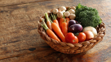 A stunning arrangement of fresh and organic vegetables in a woven basket on a rustic wooden table, perfect for meal preparation and healthy living.の素材