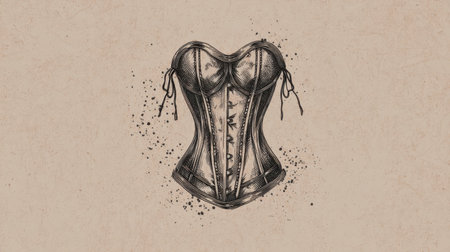 This vintage corset illustration showcases intricate detailing against a soft tonal background, perfect for fashion projects or artistic concepts.の素材