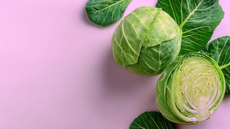 A vibrant display of fresh green cabbage on a soft pink background, perfect for culinary inspiration and healthy cooking. The image highlights the vegetable's natural beauty and versatility in various dishes.の素材