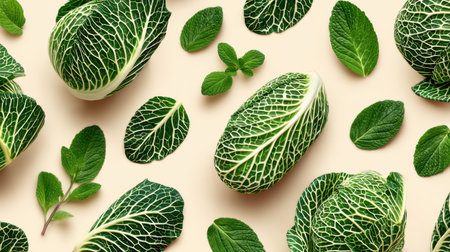 A captivating flat lay arrangement of fresh green leaves and cabbage showcasing intricate patterns and textures on a soft beige background.の素材