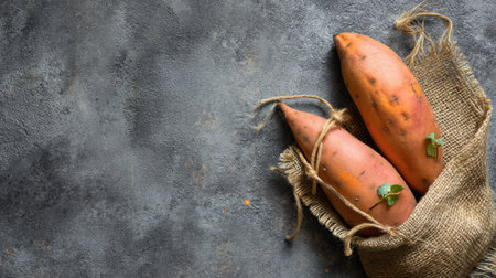 This captivating image features fresh raw sweet potatoes resting in a burlap sack on a textured gray stone background, perfect for showcasing healthy eating and cooking styles.の素材