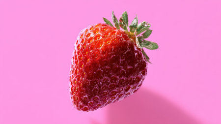 A stunning close-up of a fresh red strawberry glistening with droplets of water against a vibrant pink background. Perfect for healthy food themes.の素材